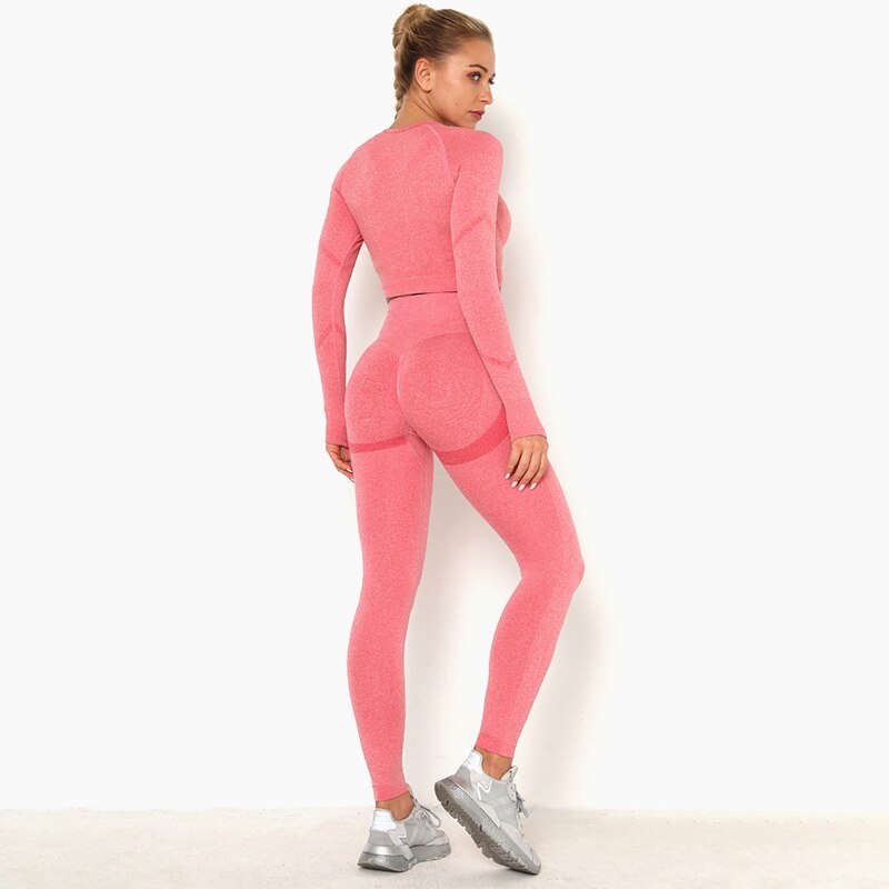 Women’s Seamless Long Sleeve Shirt +High Waist Leggings Set